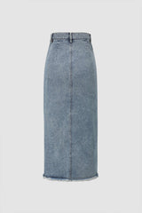 Asymmetric Frayed Slit Denim Midi Skirt