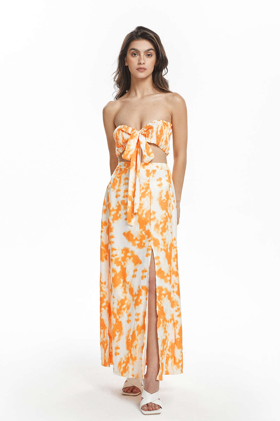 Abstract Print Tie Front Tube Top And Slit Skirt Set