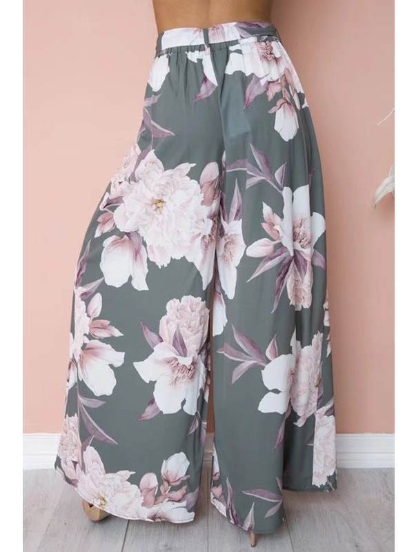 Print loose wide leg trousers for women Tie Waist Long Pants