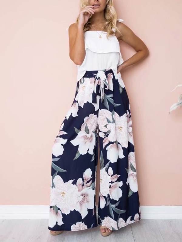 Print loose wide leg trousers for women Tie Waist Long Pants