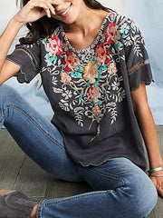 Plus size Floral Printed women Short Sleeve Bohemia T-shirts