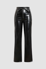 Foldover Waist Faux Leather Straight Leg Pants