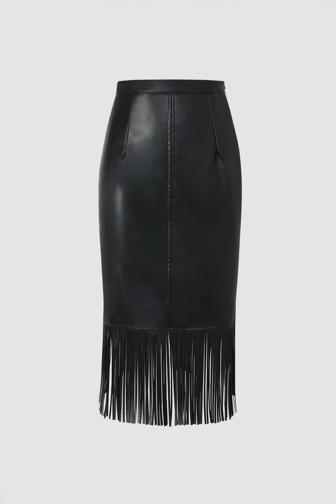 Fringe Hem Faux Leather Midi Skirt