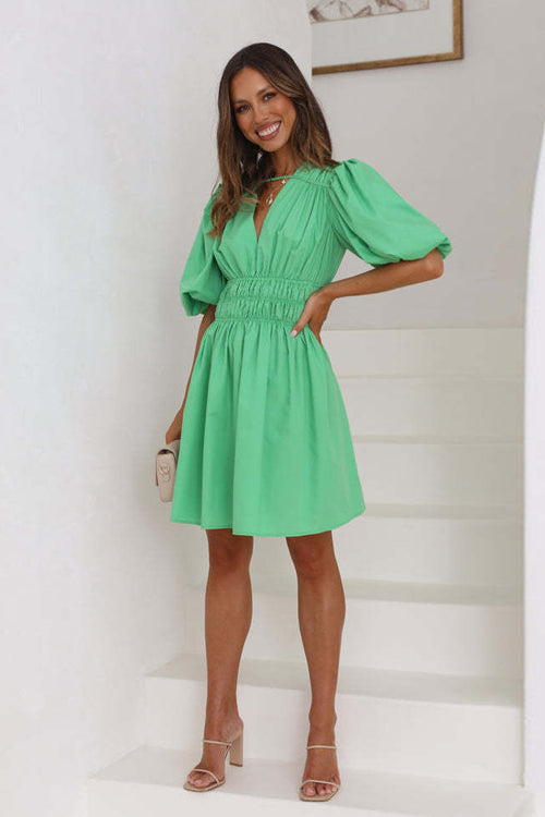 Always In Mind Puff Sleeve Pleated Mini Dress