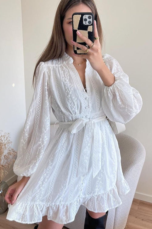 Adorable Darling White Crochet Lace Long Sleeve Mini Dress