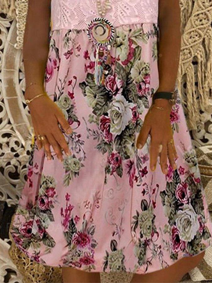 Pink Crew Neck Holiday Chiffon Floral Dresses