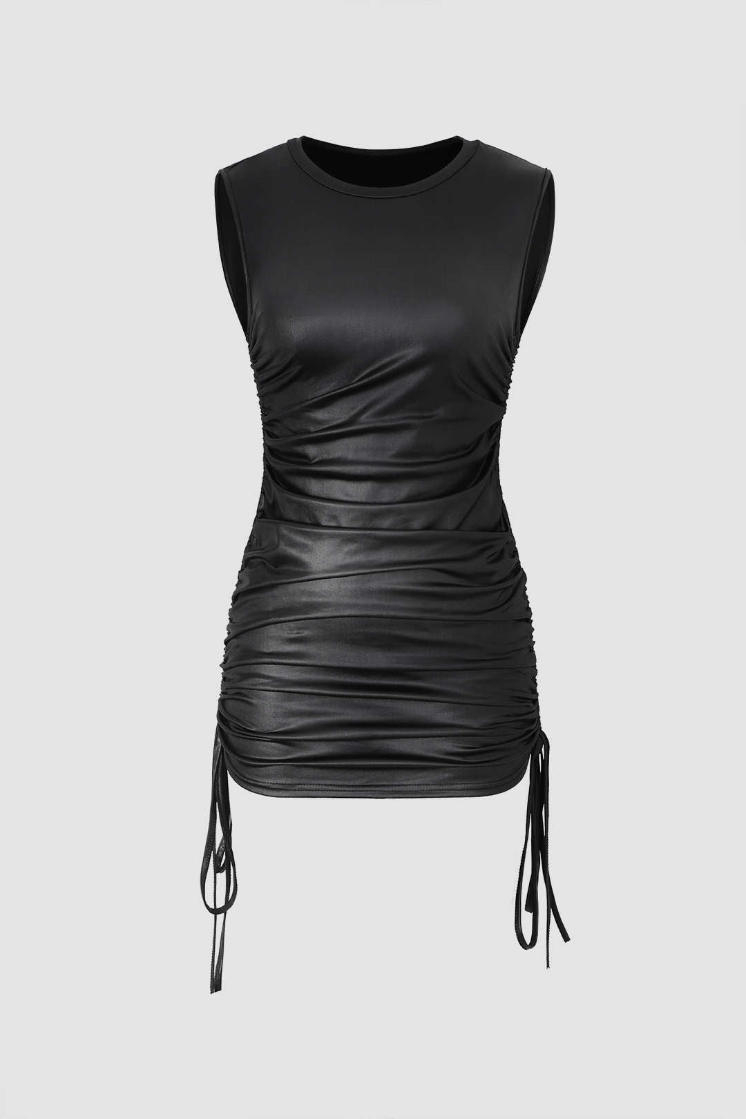 Faux Leather Drawstring Ruched Mini Dress