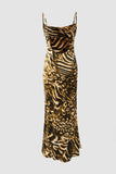 Abstract Print Satin Cowl Neck Backless Midi Dress