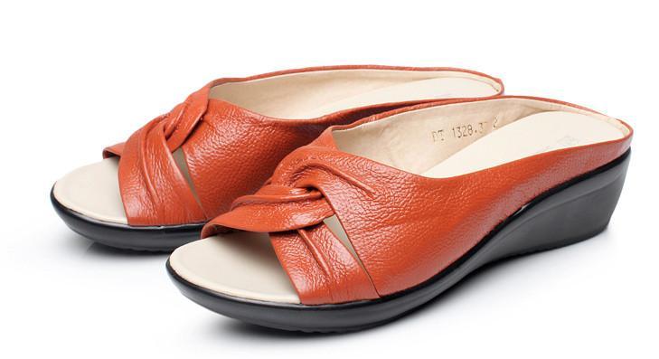 Open Toe Genuine Leather Wedge Sandal