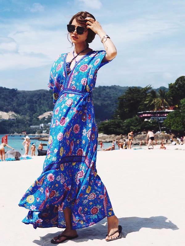 Pretty Floral V-neck V-back Maxi Dresses