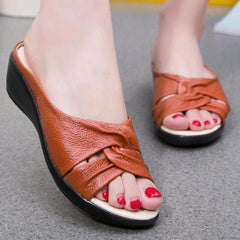 Open Toe Genuine Leather Wedge Sandal