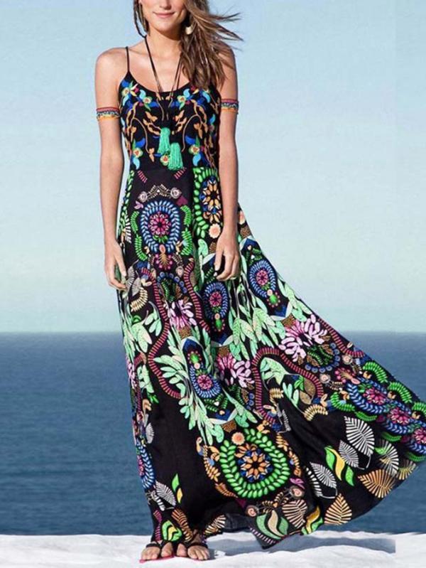 Printed Spaghetti-neck Maxi Dress