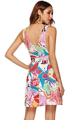 Print V neck Sleeveless Backless  Skater Dresses