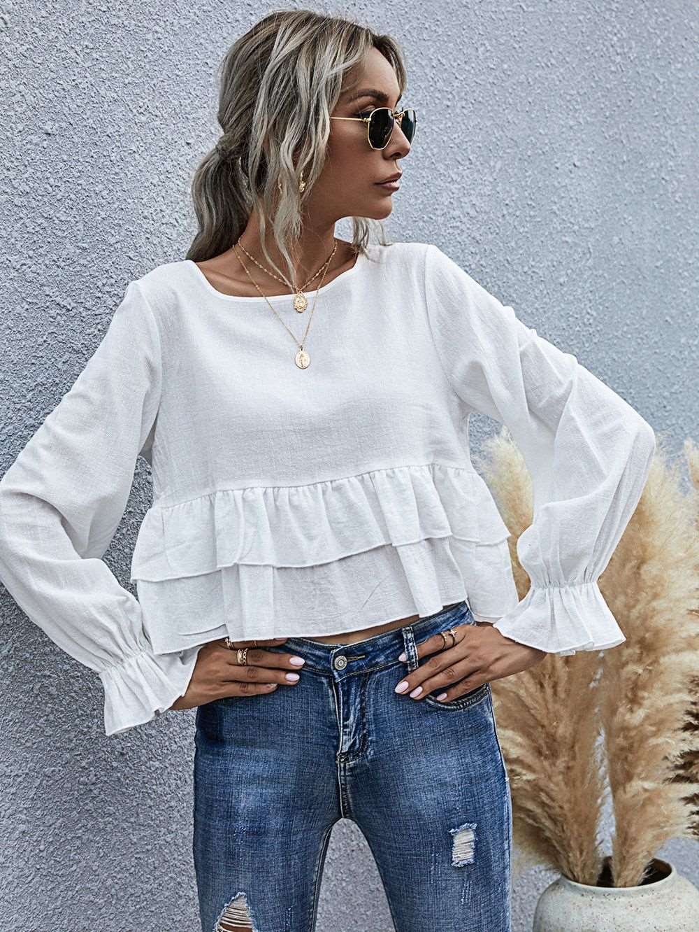 Plain flounce flare sleeve round neck ladies t-shirt