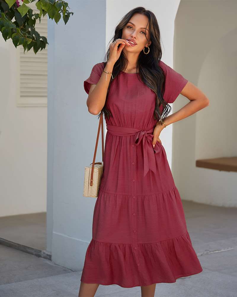 Pure Casual Round neck Short sleeve Lacing Skater Dresses