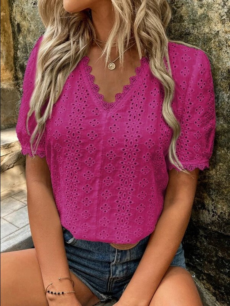 Pure color v neck lace short sleeve blouses