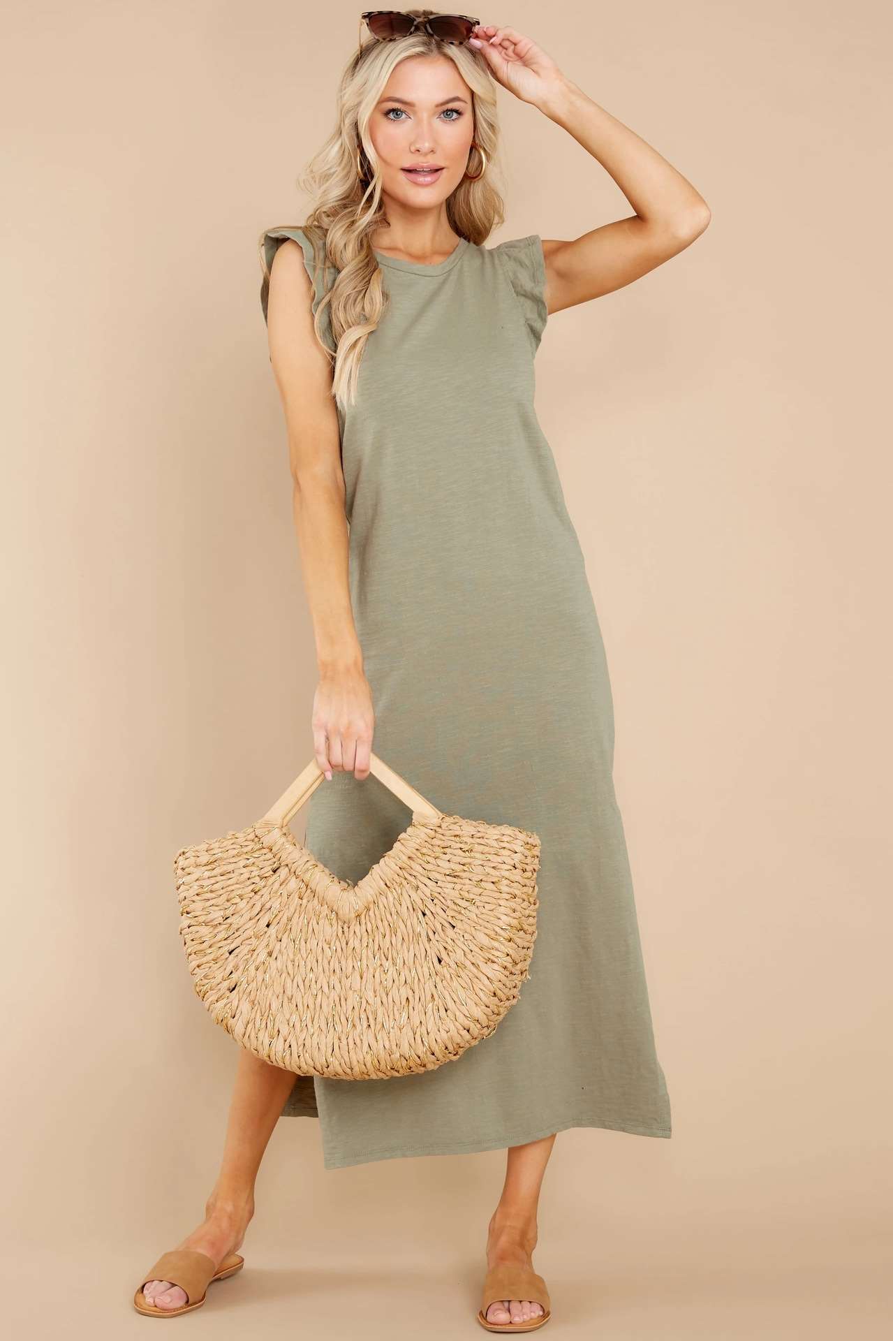 Pure Casual Round neck Sleeveless Falbala Vent Maxi Dresses