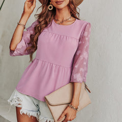 Printed chiffon solid color round neck T-shirts Tops