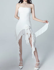 Ruffled Irregular Hem Flower   Chiffon Skirt Slit Waist White Dress