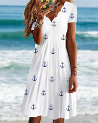 Printed Slim Short Sleeve Wave Neck Skater Dresses