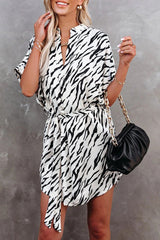 Zebra Pattern Short Sleeve Dress(With Belt)
