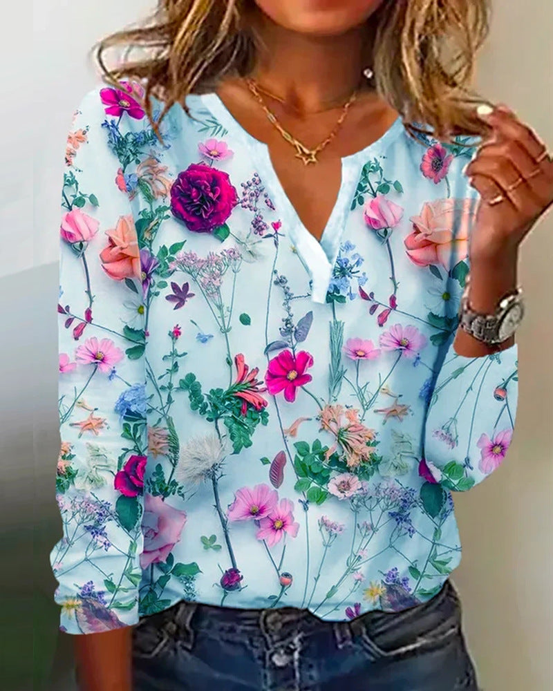 Printed v-neck long-sleeved t-shirts top