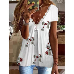 Printed V-Neck Bright Color Short Sleeve T-Shirt Women Tops