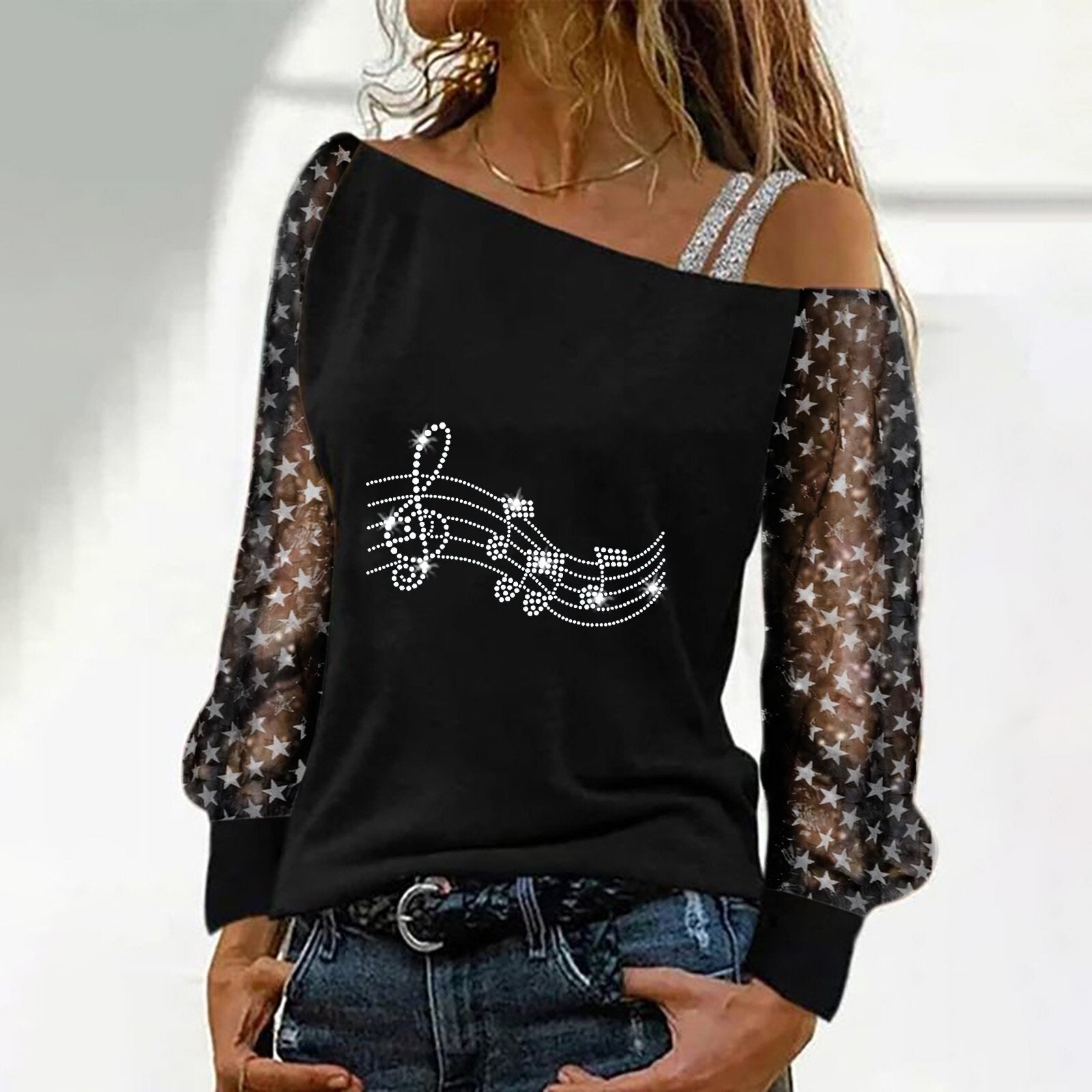 One off shoulder chic long sleeve black printed T-shirts