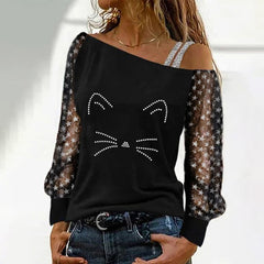 One off shoulder chic long sleeve black printed T-shirts