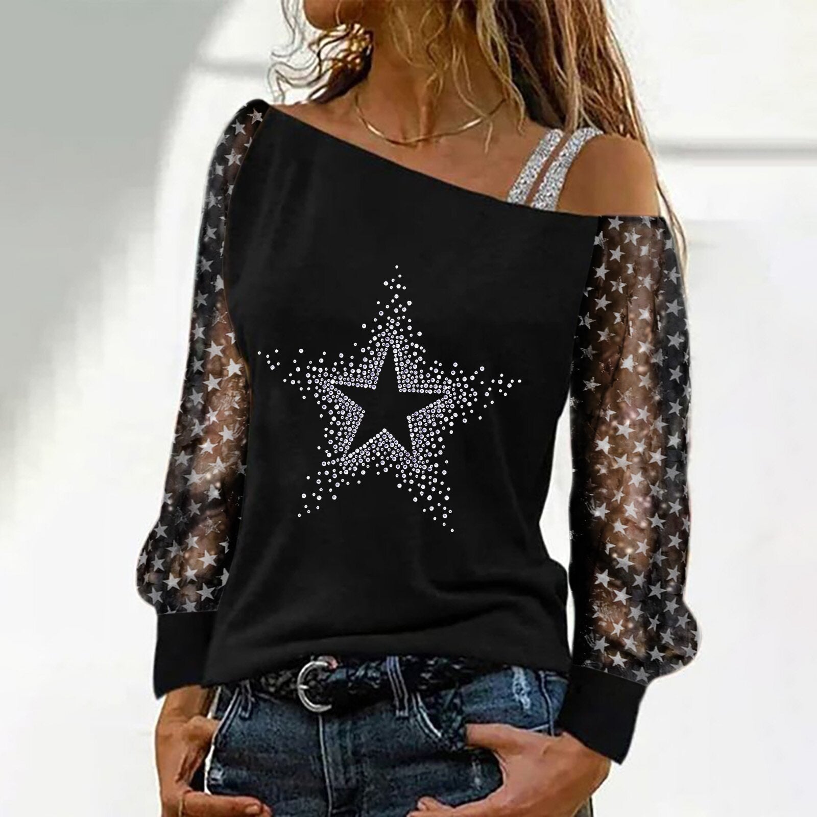 One off shoulder chic long sleeve black printed T-shirts