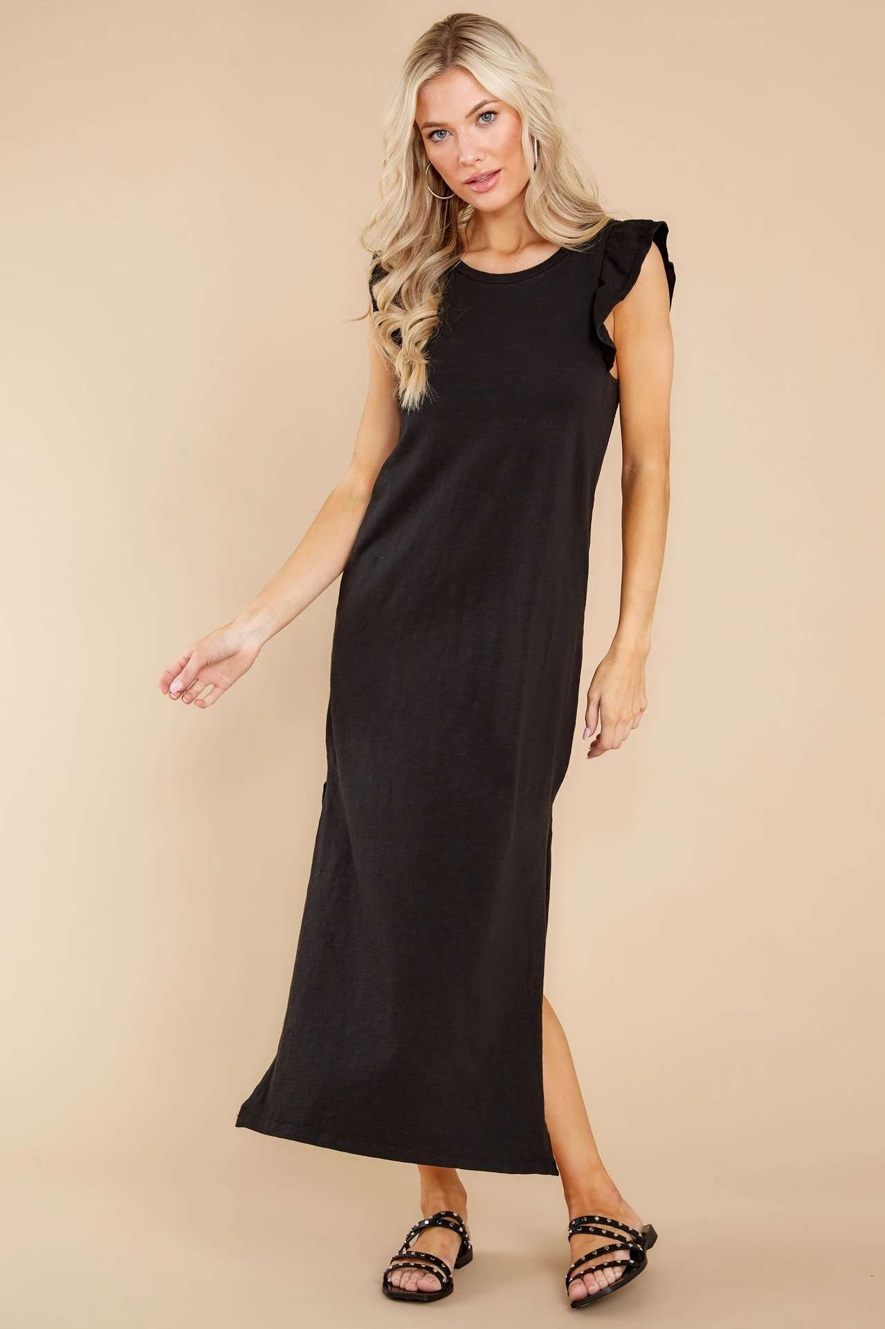 Pure Casual Round neck Sleeveless Falbala Vent Maxi Dresses