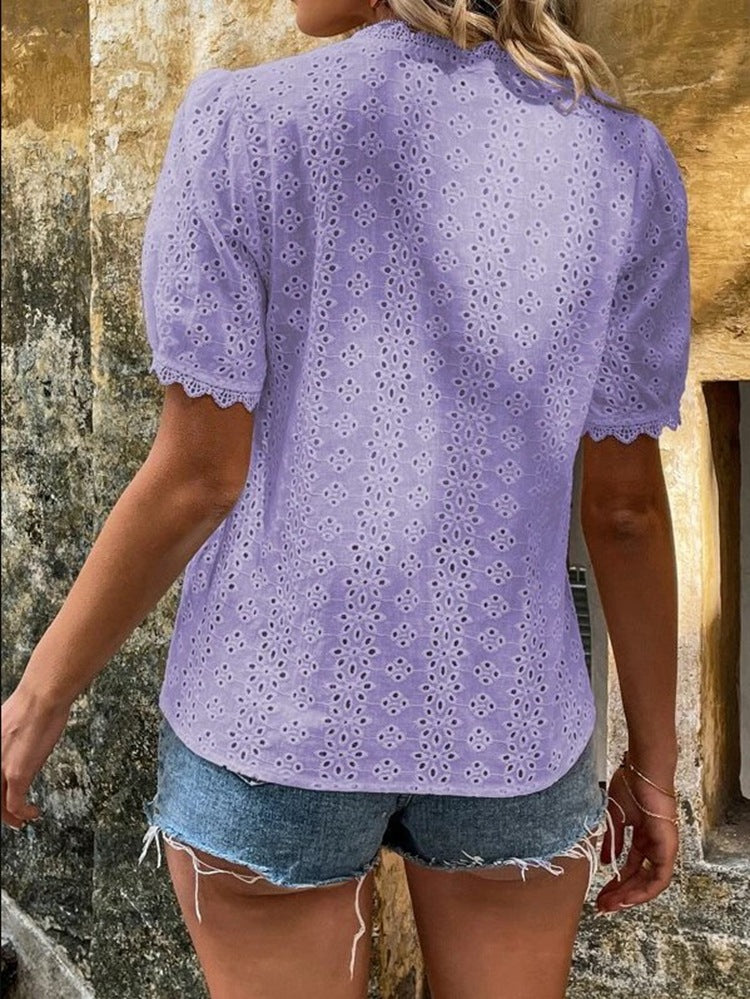 Pure color v neck lace short sleeve blouses