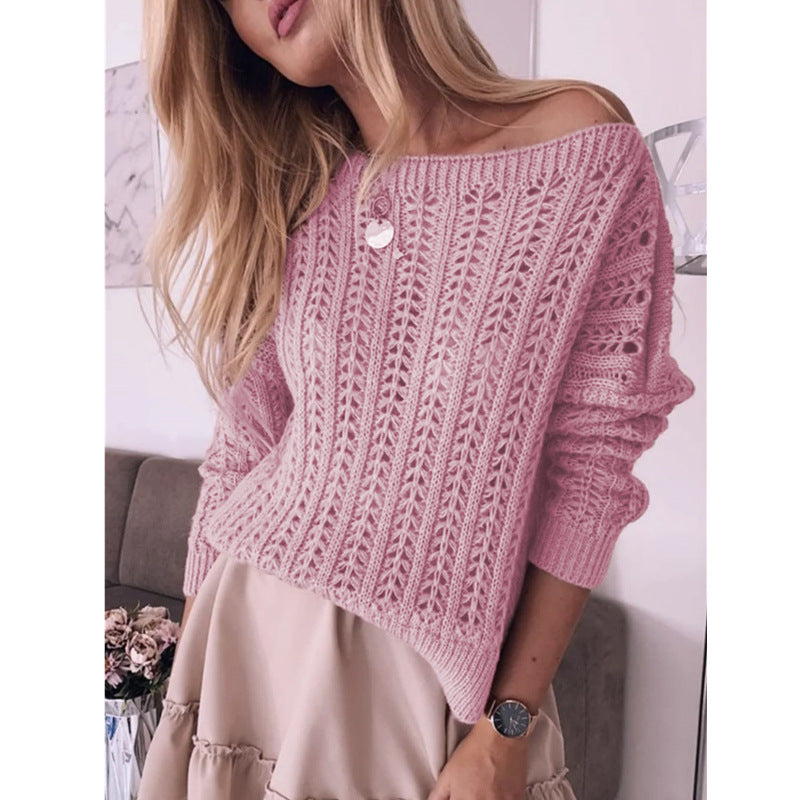 Pure Color Elegant Hollow Strapless Sexy Knitted Sweaters