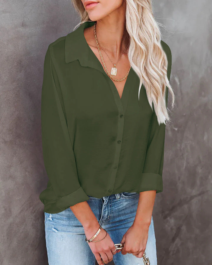 Official women turn down neck casual plain long sleeve blouses