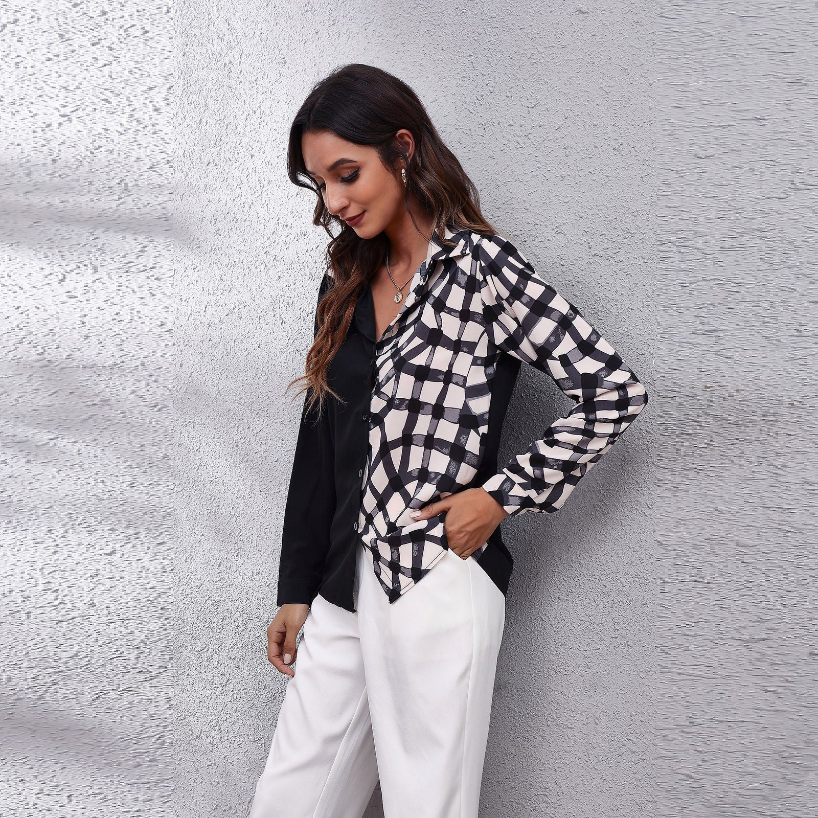Plaid stitching puff sleeve long sleeve blouses tops