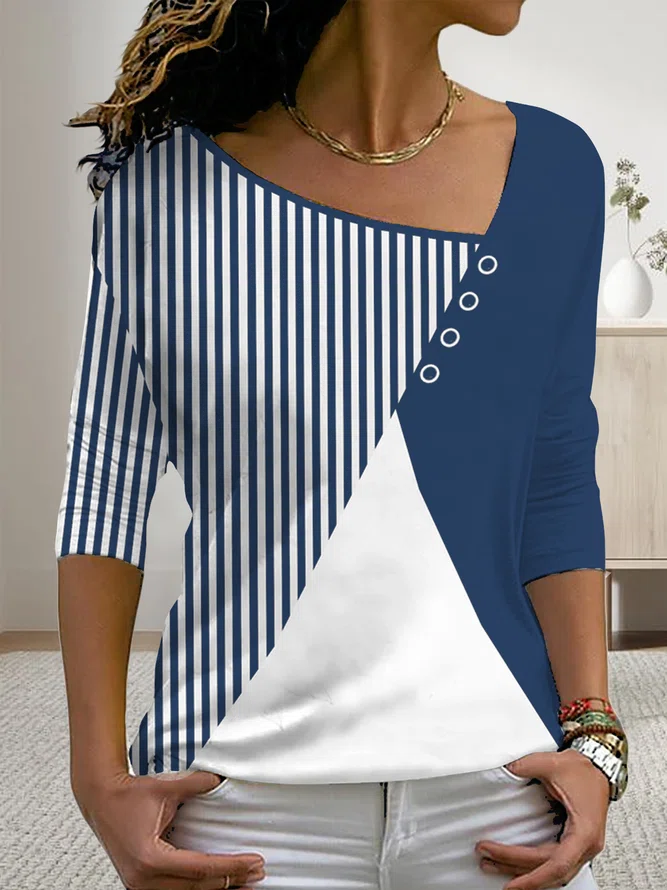 Plain color block stripe loose button top plus size T-shirts