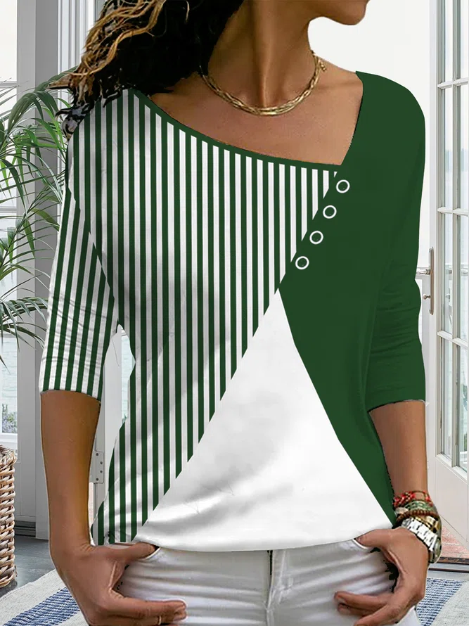Plain color block stripe loose button top plus size T-shirts