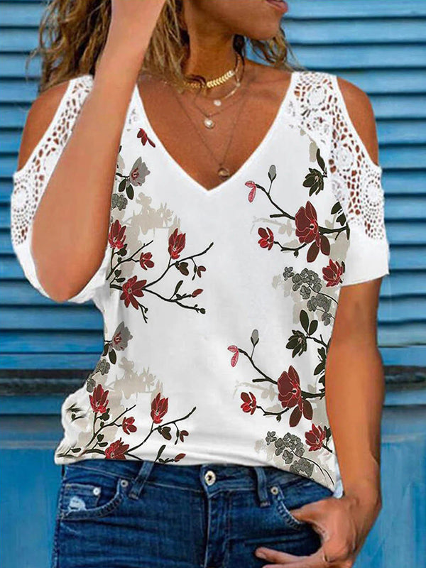 Plus Size Holiday floral print stitched lace wide truffle shoulder top T-shirts