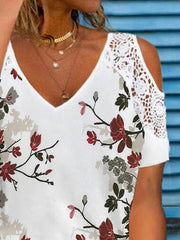 Plus Size Holiday floral print stitched lace wide truffle shoulder top T-shirts