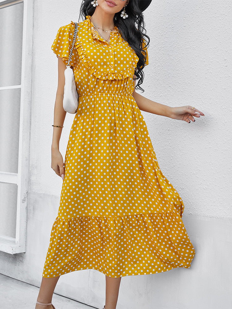 Polka-dot Print Stand-neck Ruffled Short-sleeve Panelled Hem Maxi Dress For Woman