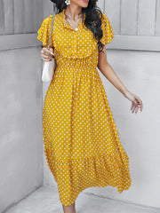 Polka-dot Print Stand-neck Ruffled Short-sleeve Panelled Hem Maxi Dress For Woman