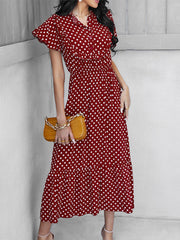 Polka-dot Print Stand-neck Ruffled Short-sleeve Panelled Hem Maxi Dress For Woman