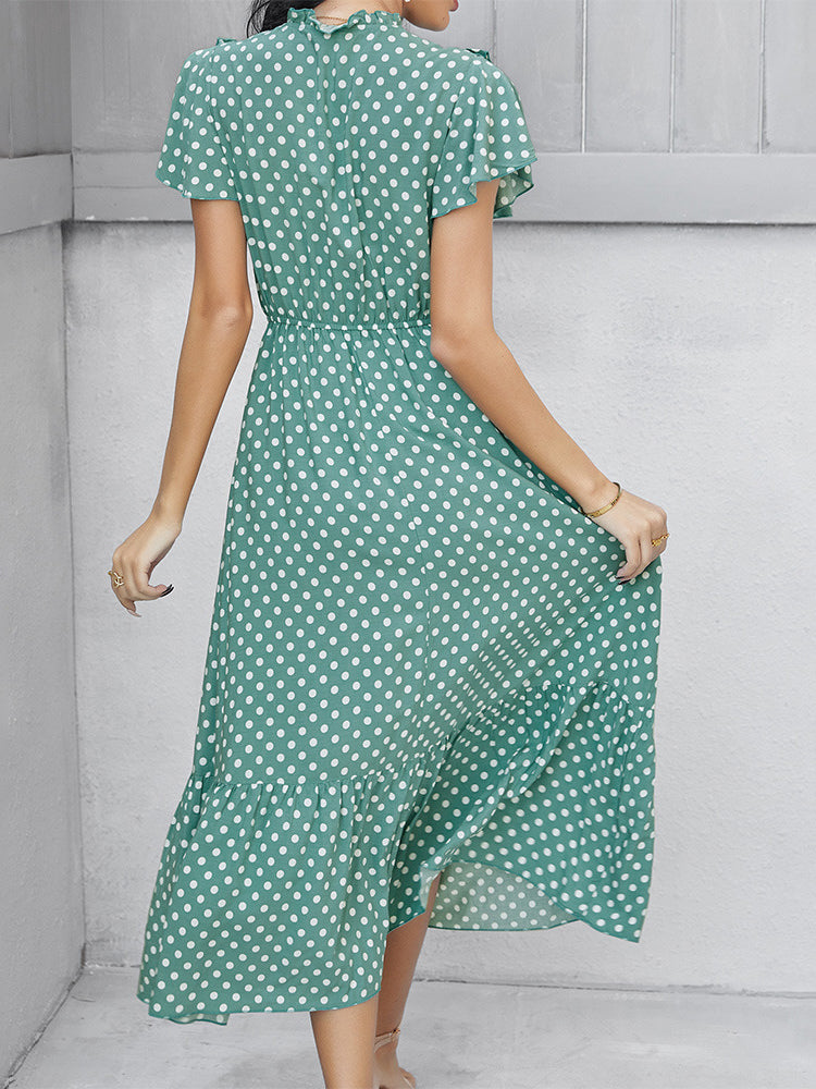 Polka-dot Print Stand-neck Ruffled Short-sleeve Panelled Hem Maxi Dress For Woman