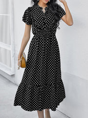 Polka-dot Print Stand-neck Ruffled Short-sleeve Panelled Hem Maxi Dress For Woman