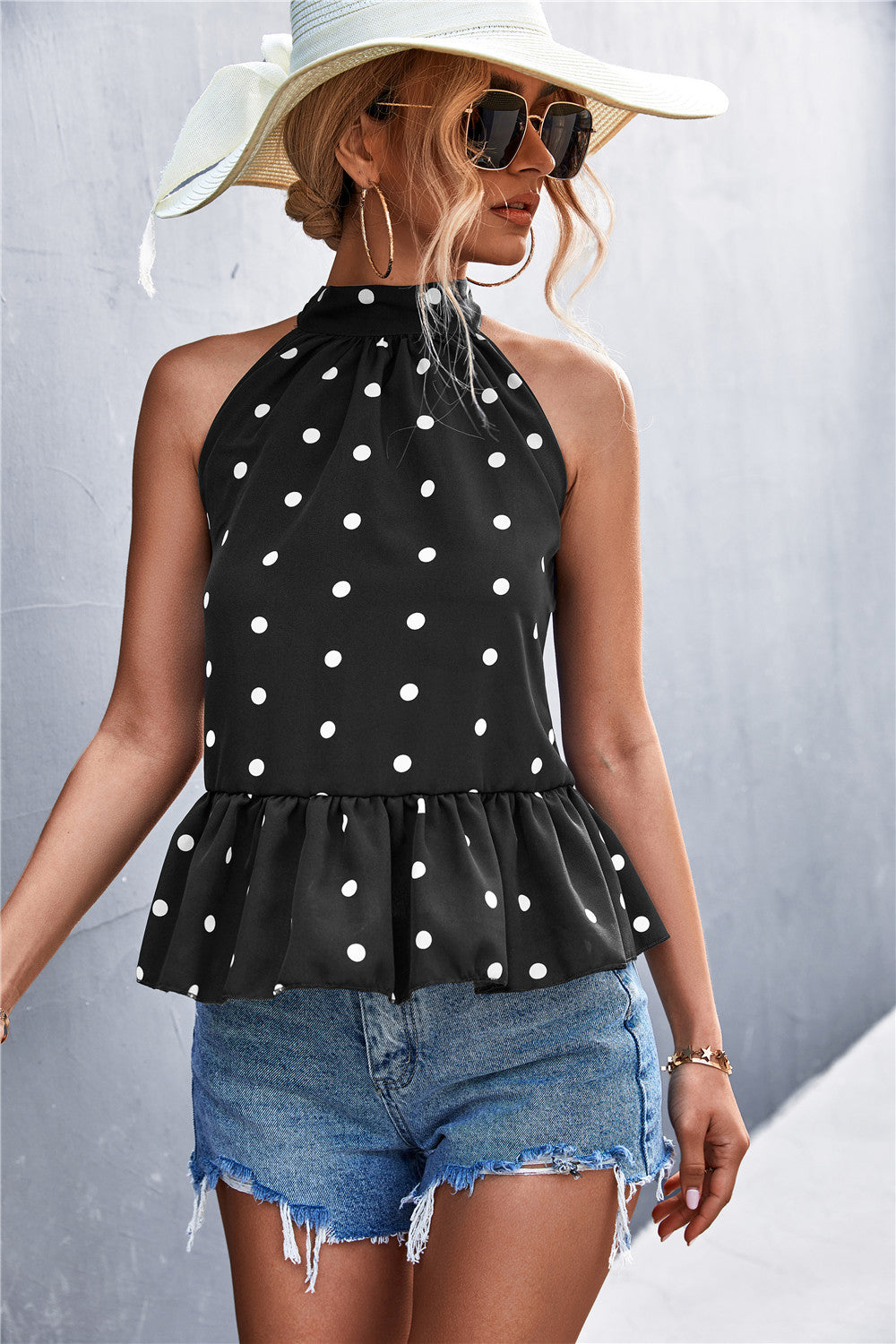 Polka Dot Halter Strap Front Sleveless Top Woman Vests