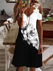 Printed Lace v neck short sleeve off shoulder fashion shift dresses for women