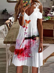 Printed Lace v neck short sleeve off shoulder fashion shift dresses for women