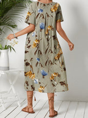 Printed Round Neck Short Sleeve Oversized Loose Cotton Linen Maxi Dress