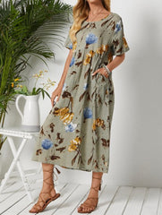 Printed Round Neck Short Sleeve Oversized Loose Cotton Linen Maxi Dress