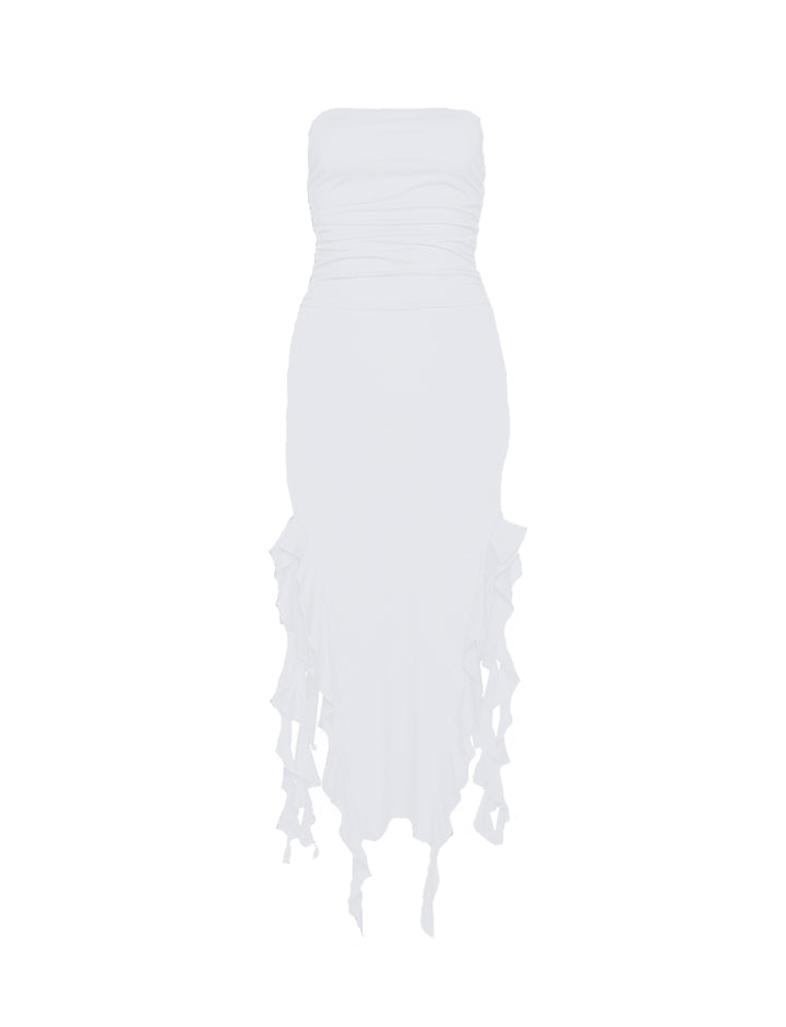Ruffle Trim High Slit Off Shoulder Bodycon Prom Midi Dress